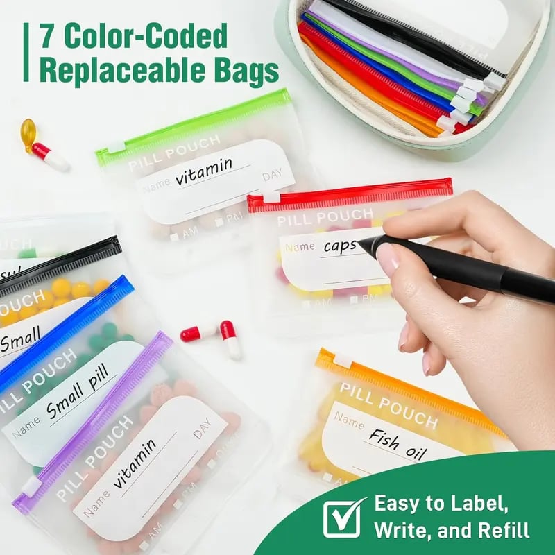 💊 A8 Waterproof Pill Pouch Set – 14 Color-Coded Pouches, Crush-Proof Shell, Up to 2 Weeks of Meds! ✨