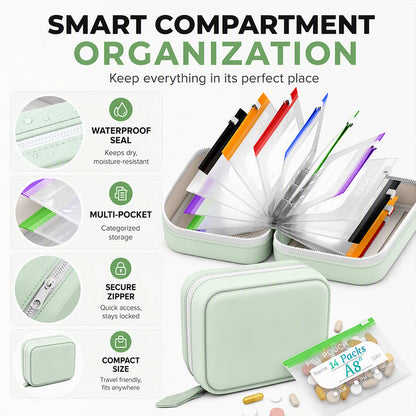💊 A8 Waterproof Pill Pouch Set – 14 Color-Coded Pouches, Crush-Proof Shell, Up to 2 Weeks of Meds! ✨