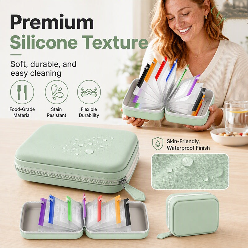 💊 A8 Waterproof Pill Pouch Set – 14 Color-Coded Pouches, Crush-Proof Shell, Up to 2 Weeks of Meds! ✨