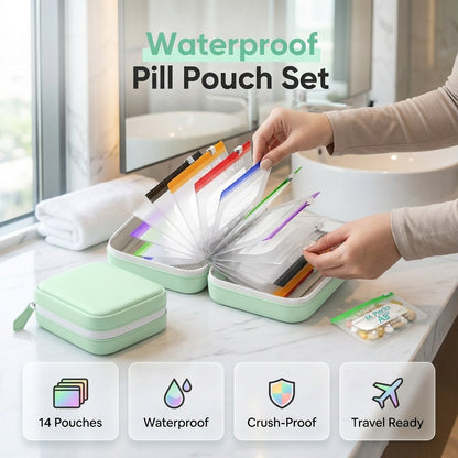 💊 A8 Waterproof Pill Pouch Set – 14 Color-Coded Pouches, Crush-Proof Shell, Up to 2 Weeks of Meds! ✨