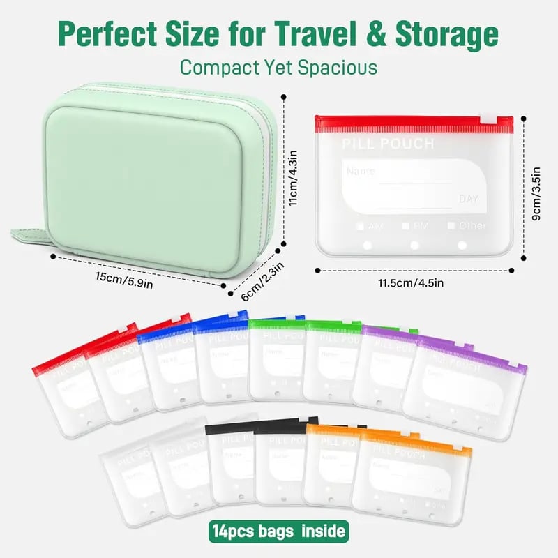 💊 A8 Waterproof Pill Pouch Set – 14 Color-Coded Pouches, Crush-Proof Shell, Up to 2 Weeks of Meds! ✨