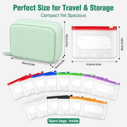 💊 A8 Waterproof Pill Pouch Set – 14 Color-Coded Pouches, Crush-Proof Shell, Up to 2 Weeks of Meds! ✨