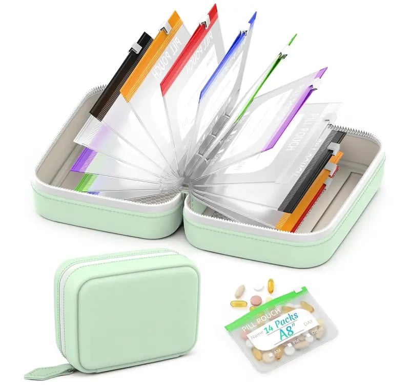 💊 A8 Waterproof Pill Pouch Set – 14 Color-Coded Pouches, Crush-Proof Shell, Up to 2 Weeks of Meds! ✨